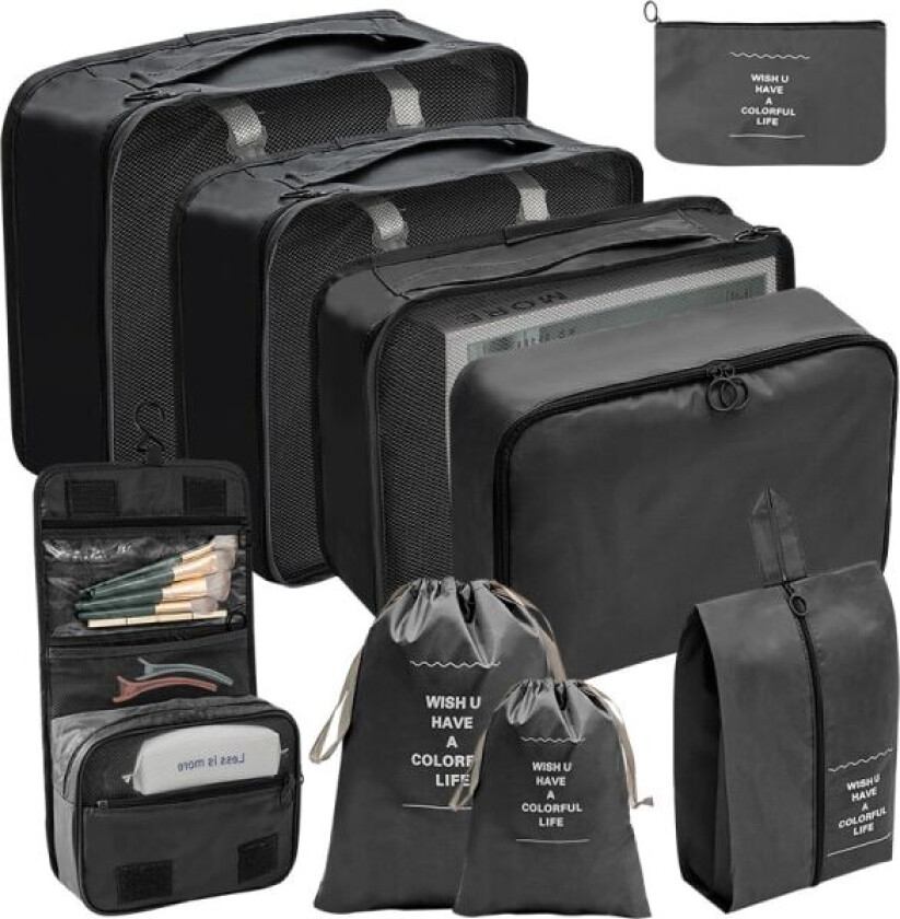 9 sett pakkekuber Bagasjepakkeri for reisetilbehør black