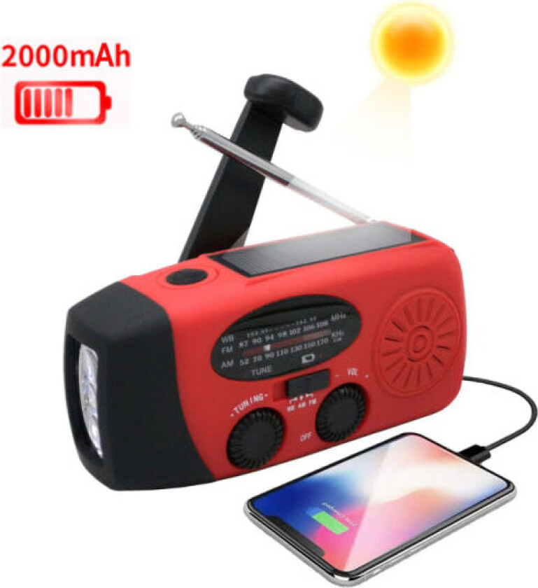 Vevradio 2000mAh Powerbank, Solceller, Lommelykt Rød