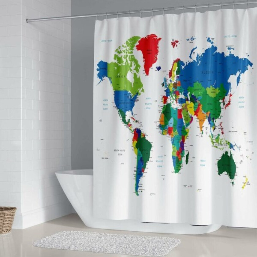 Dusjforheng med verdenskartmønster og geografisk trykk, vanntett, muggsikkert, vaskbart, baderomsgardin med 12 ringer i soppdrepende polyesterstoff 180x180cm