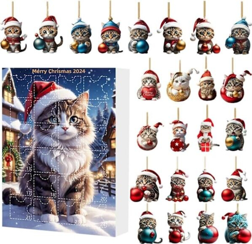 Katt Julekalender 2024, 24 Dagers Juleräkning med Søte Katt Dukker, Juledekorasjon