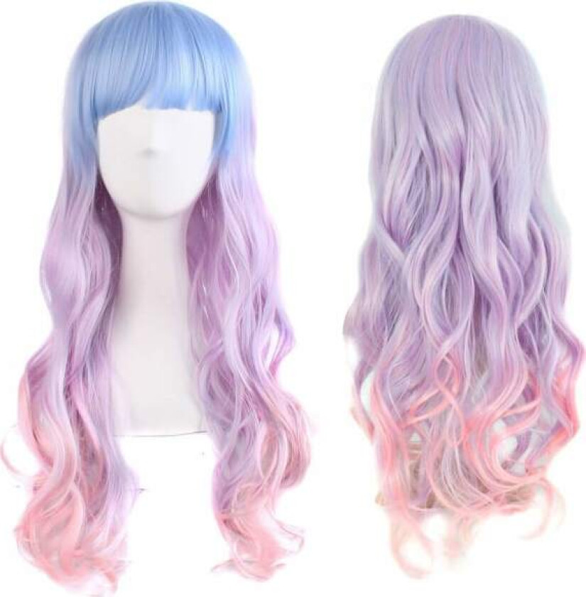 Lang bølget parykk fargerike parykker for kvinner jenter Harajuku stil Cosplay festdrakt syntetisk parykk (lyseblå/lyslilla/rosa)