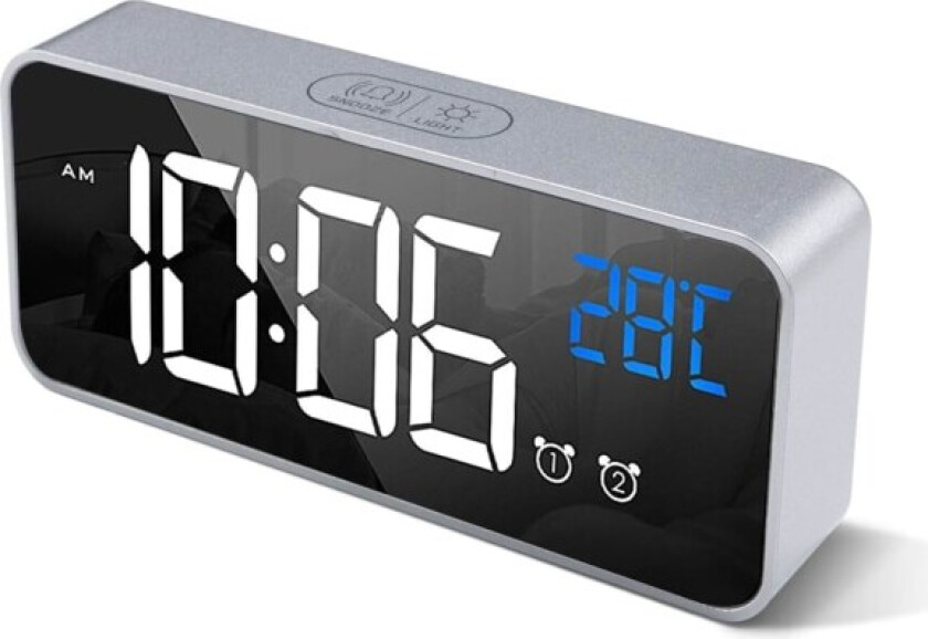 Digital vekkerklokke med stor LED-temperaturvisning, bærbar speilalarm med dobbel alarm slumretid 4 nivåer justerbar lysstyrke Silver