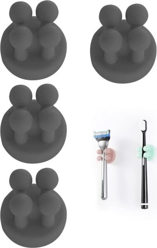 4 stk silikon tannbørsteholder barberhøvelholder multifunksjonskrok Vanntett selvklebende tannbørste krokpluggholder for vegg for oppheng (svart)