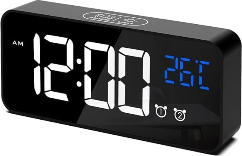 Digital vekkerklokke, LED digital klokke digital vekkerklokke temperatur/snooze/2 alarmer/12/24 timer/USB ladeport/10 musikk