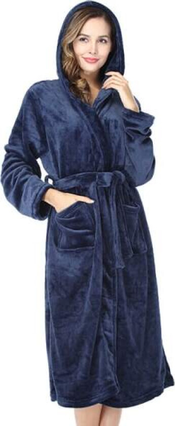 Vinterkåpe i varm fleece for kvinner med hette, lang badekåpe i plysj Navy XL