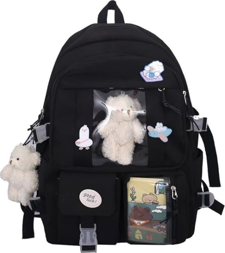 Kawaii Skolesekk for Jenter Søt Estetisk Ryggsekk Skoleveske med Pins og Tilbehør Black