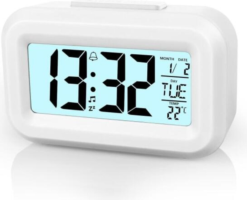 Digital vekkerklokke, digital vekkerklokke Batteridrevet digital LCD-vekkerklokke med temperatur-datumsvisning, for hjemmekontor, hvit