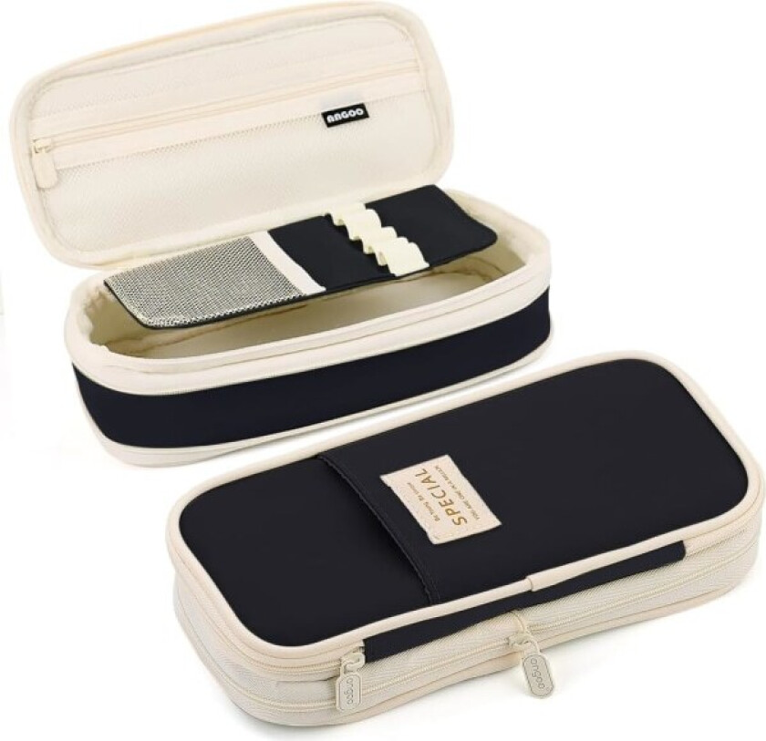 Utvidbar pennal med rom, pennal med stor kapasitet, pennalpose, bærbar pennal stor skoleartikler (svart) Black