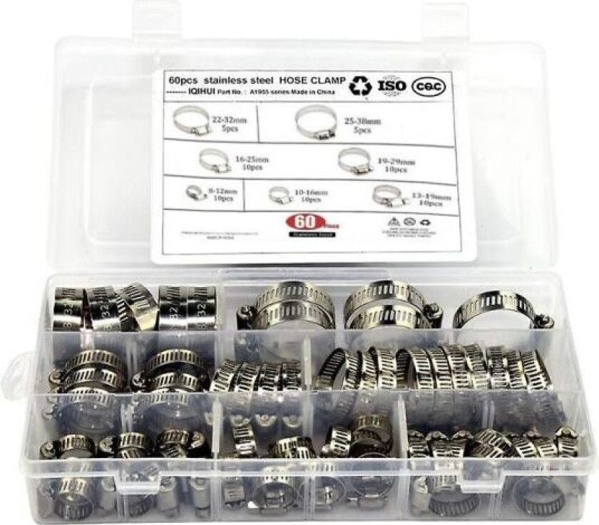 60 deler rustfritt stål slangeklemme sett Justerbar drivstoff slangeklemme Snekkedrift klemmefester