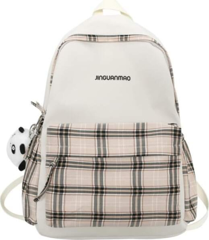 Skolesekk - Rutete Ryggsekk med 1 Gratis Søt Panda-Sjarme, (Beige)