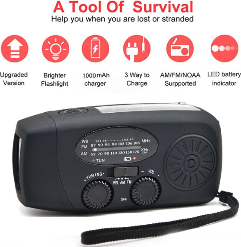 Smart Vevradio (Nödradio) Solcell LED ficklampa Powerbank Svart