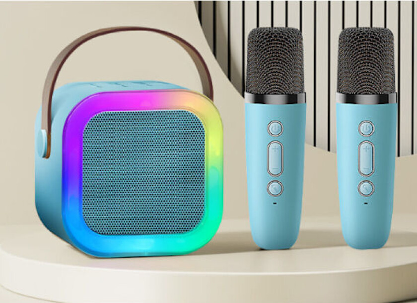 Karaokemaskin for barn og voksne, bærbar Bluetooth mini karaoke mikrofon sang høyttaler med 2 mikrofoner og lys, leker blue