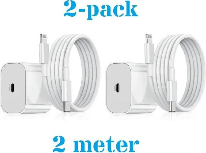 2-pakning - iPhone-lader Hurtiglader - Adapter + Kabel 20W USB-C 2m