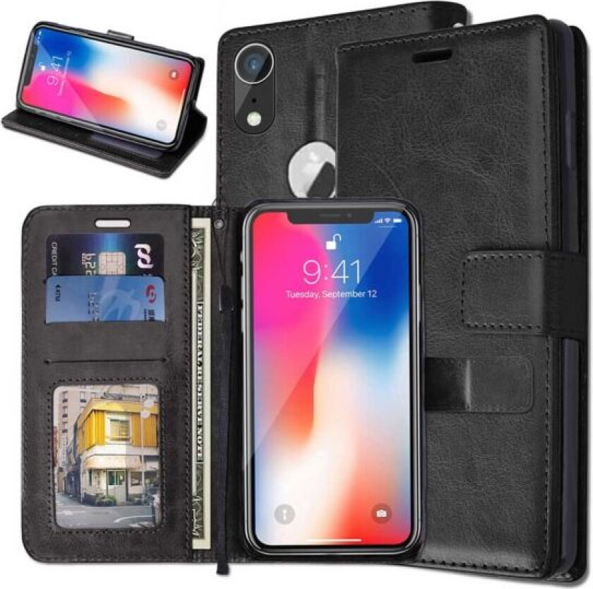 iPhone XR Wallet Case Black Leather Leather Case svart