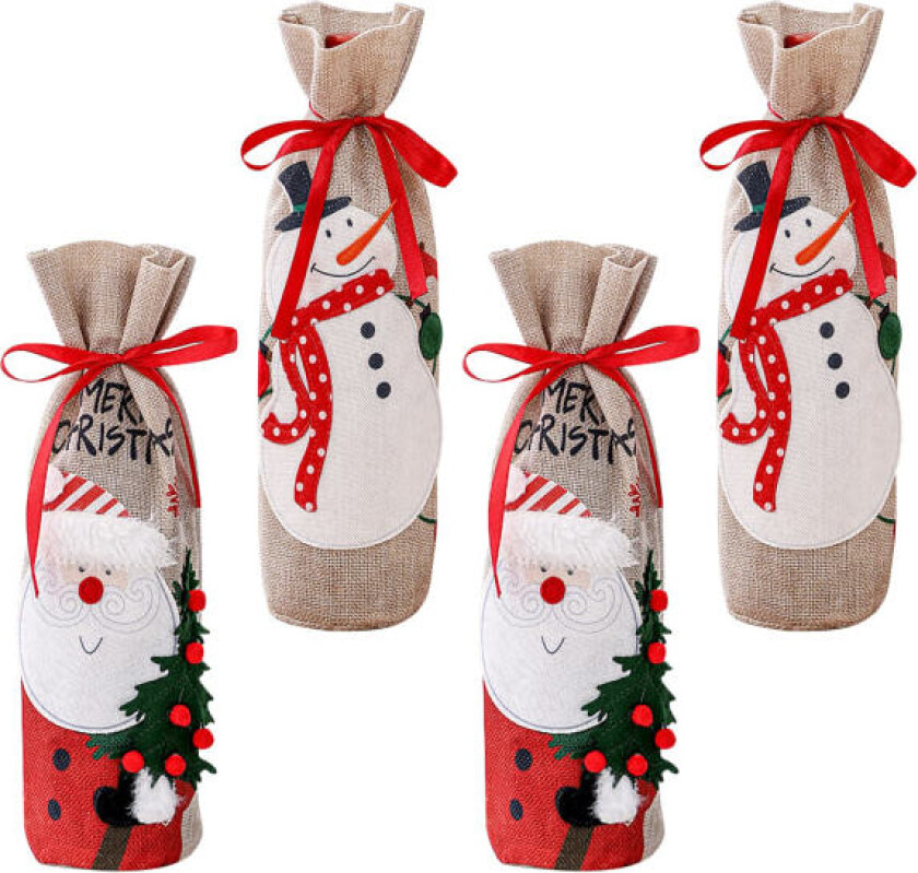 4 stk. Julevinflaskedekselposer Julenissen Snømannmønster Flaskeinnpakning Julegaveposer for Hjem Middagsbord Burlap Godteri Gavepose