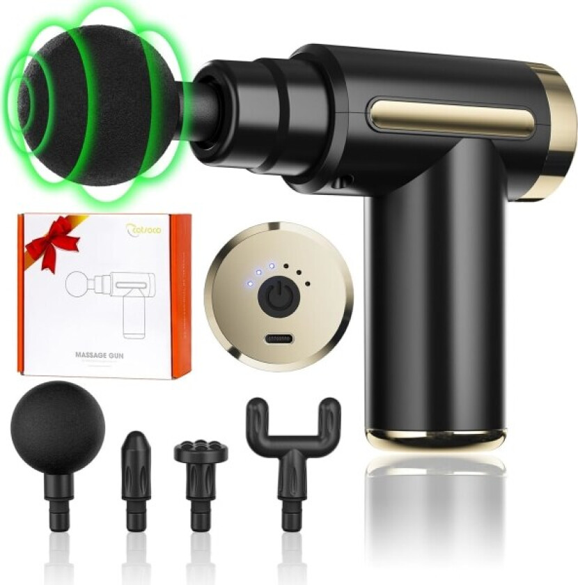 Mini massasjepistol, håndholdt muskelmassasjeapparat med 4 hoder, 1800 mAh batteri og Type-C-lading, super stille oppladbar enhet for smertelindring, svart