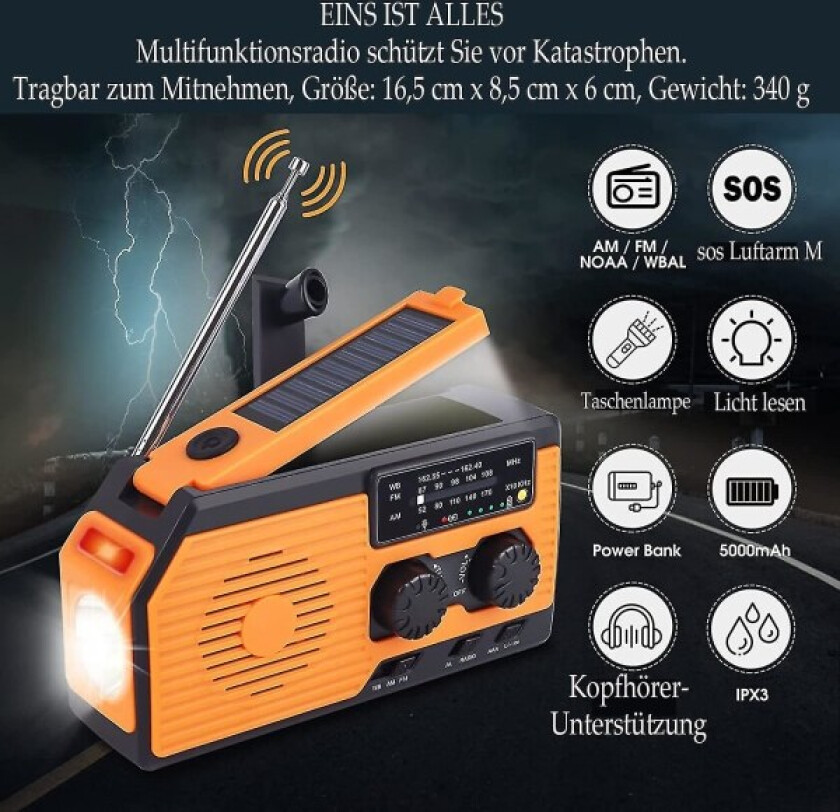Sveivradio med batterinødutstyr, 5000mah solradio Dynamo Powerbank på Fm Wb med lommelykt, leselamper, Sos-alarm, vanntett