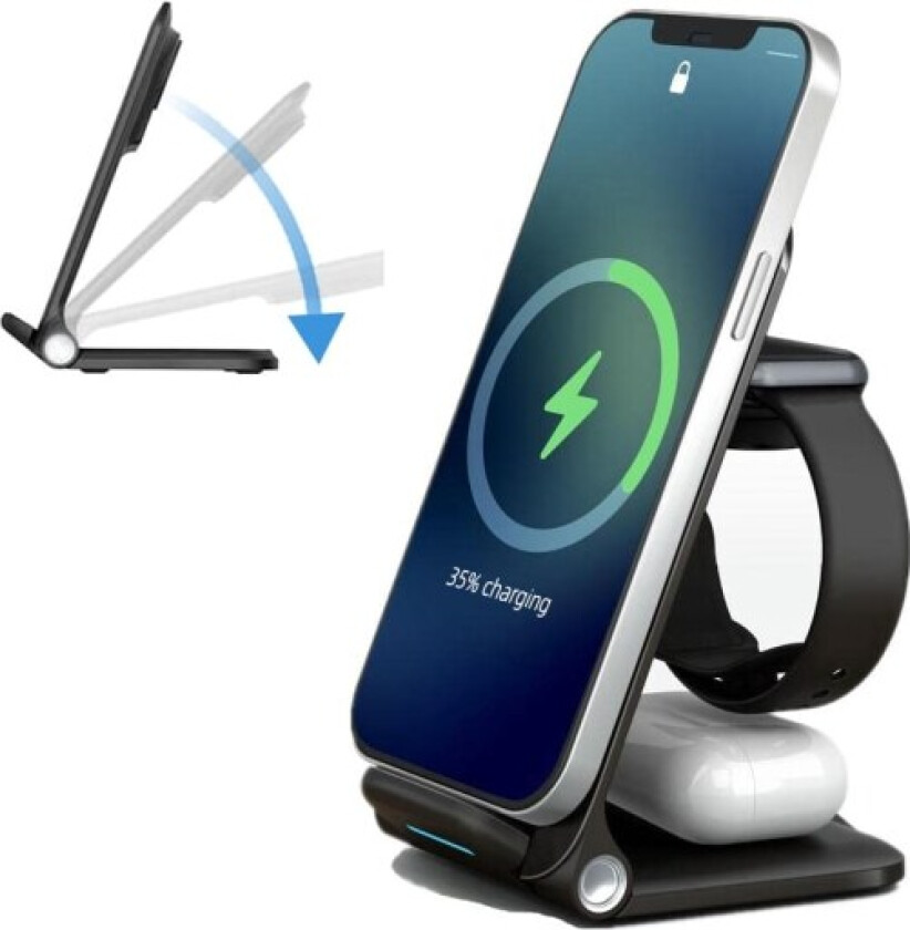 Trådløs lader, 15W sammenleggbar 3-i-1 trådløs ladestasjon, iPhone13/14/12/11/Pro Max/X/XS/XR/8 Plus hurtiglading, Apple Watch 7/8/6/5/4/3 / 2