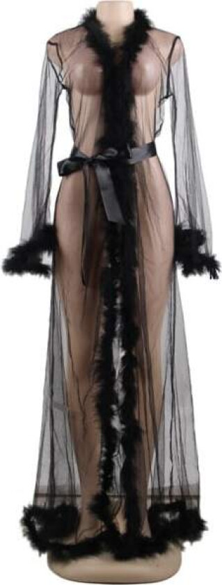 Kvinner Plus Size Lingerie Robe Mesh Sheer Lace Nattkjole Kimono Morgenkåpe med Fjærkant, M-L