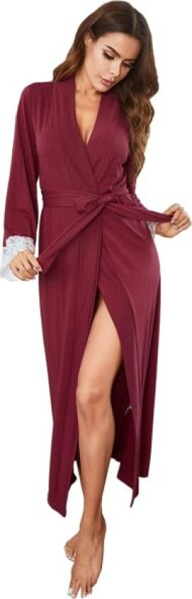 Kvinners Kimono-kåpe i full lengde, lett badekåpe i myk strikket nattøy, dameklær, rød L