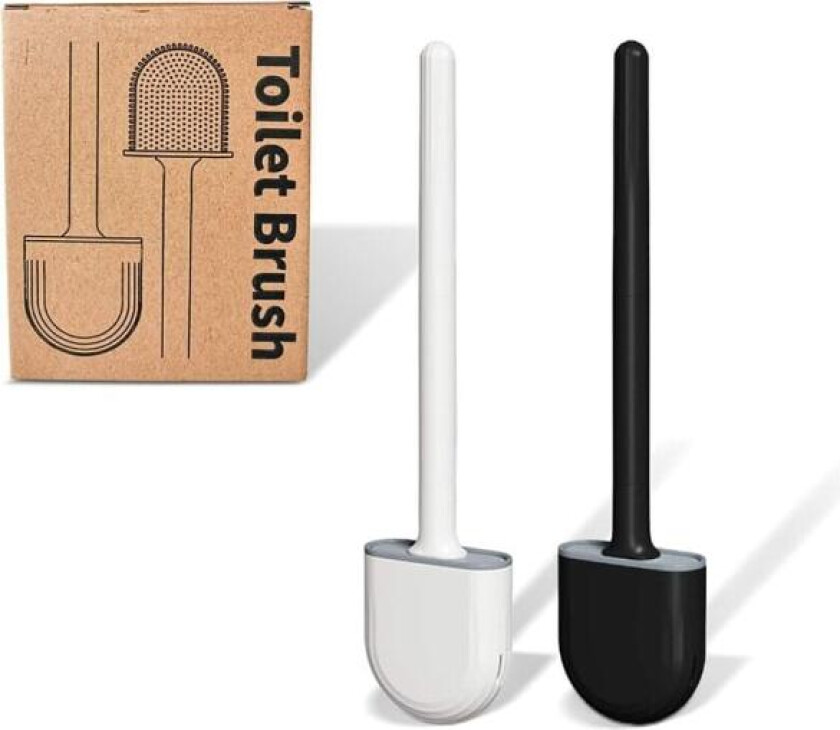 2-pakning hvite og svarte flate toalettbørster i silikon, toalettbørste og -holder, veggmontert toalettbørste, myk gelbørstehode uten dødpunkter