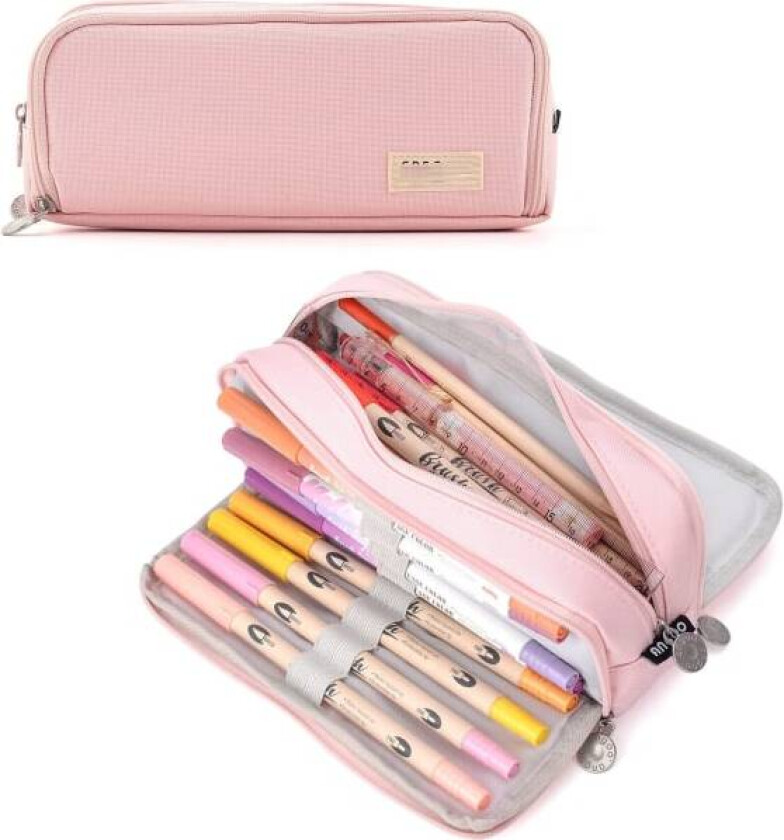 Bilde av Rosa - Skolepennal for jenter og gutter, stort pennal med 3 rom, pastellfarget pennal for kvinner og menn (1 stk)