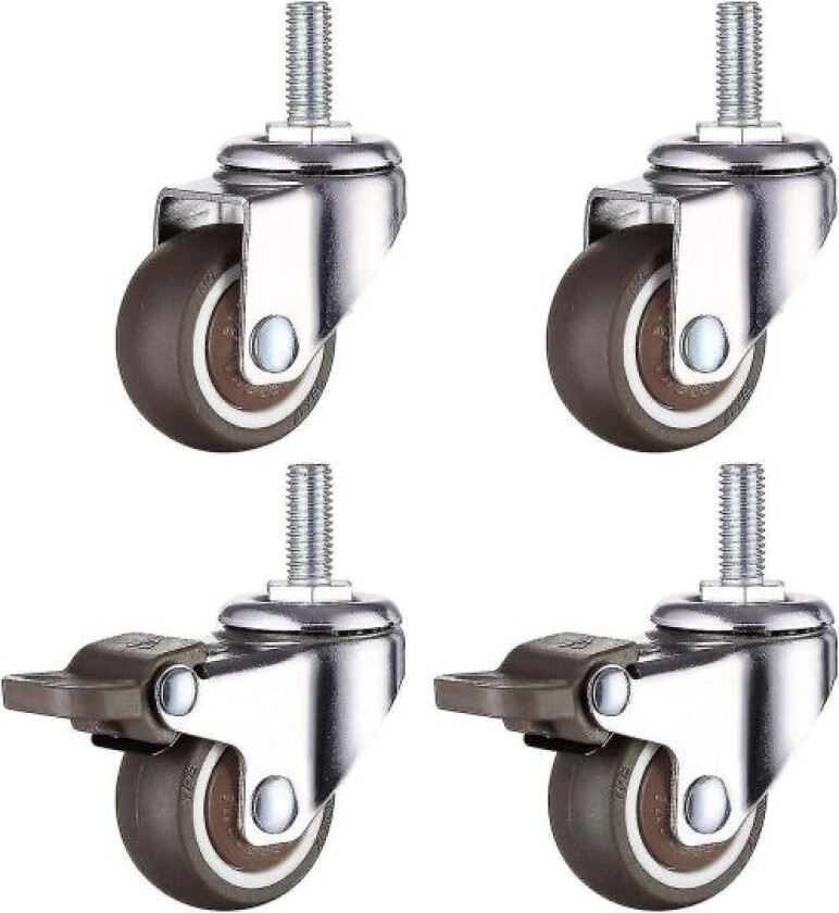 M10 Svingbare hjul med brems, tunge gummi svingbare hjul, arbeidsbord, møbelhjul, gjengediameter: 10mm, lengde 25mm, 2 med bremser + 2