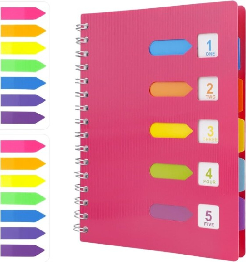 A5 Spiral Notatbok med 2 stk. Indeksfaner, WireBound Notatbok med 5 Fargede Skilleark, A5 Notatblokk, Plastomslag Linjert Side Journal (Rosa)