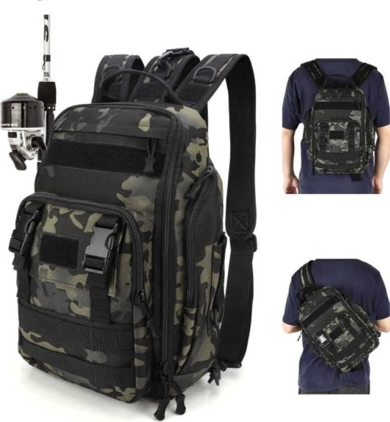 Fiskeutstyr Ryggsekk Oppbevaringspose, Fiske Ryggsekk med Stangfeste, Lett Sling Fiske Ryggsekk, Robust Fiskeutstyr Bag ArmyGreen