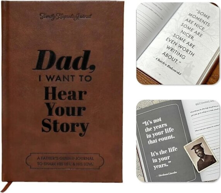 Pappa, jeg vil høre din historie Notatbok, skinninnbundet hardback, svart gullfoliebokstaver, fars guidet journal for å dele livet og kjærligheten hans