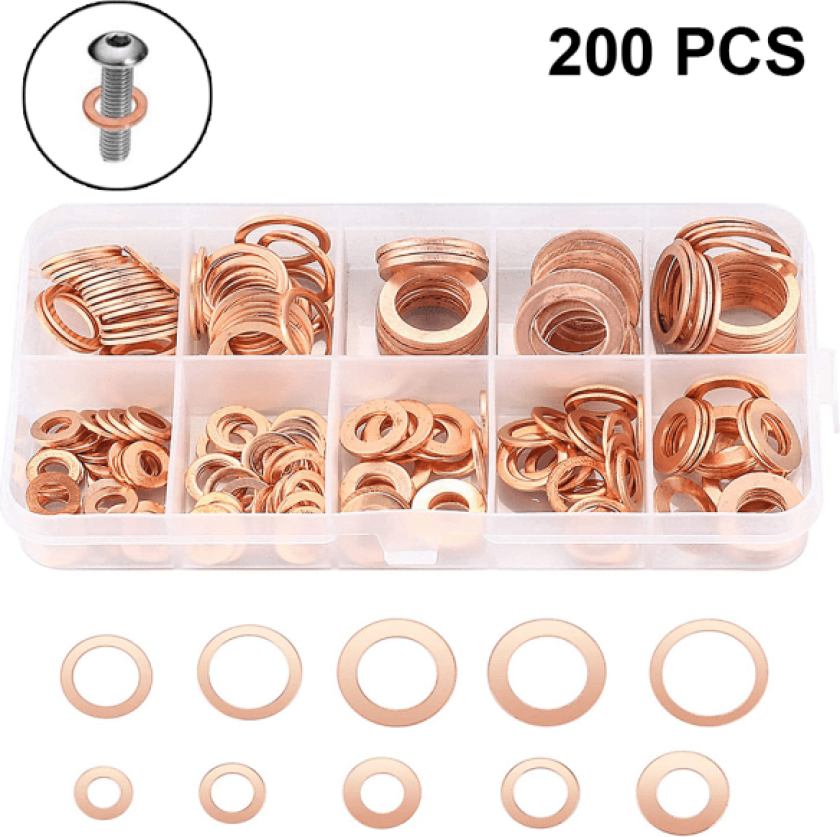 200 stk Flat kobberbrikke sortiment sett M5-M14 O-ring kobber