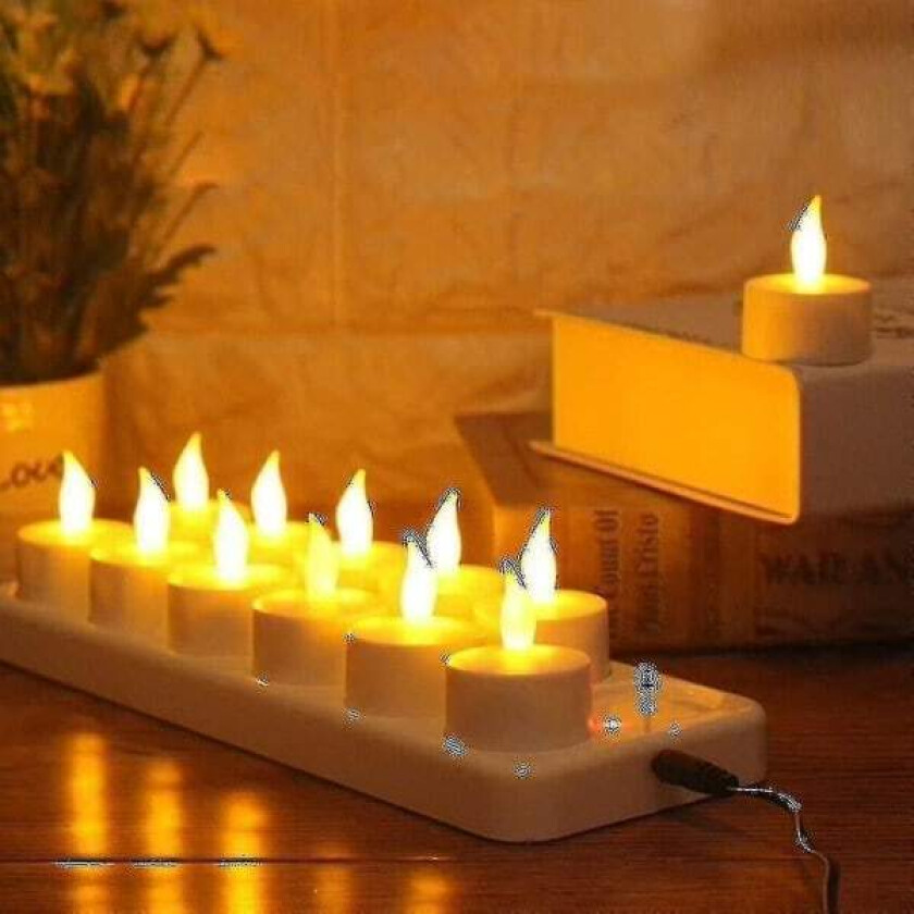 Flammeløse stearinlys - 12 oppladbare LED-flimrende telys + 12 frostede kopper - Leveres med ladestasjon