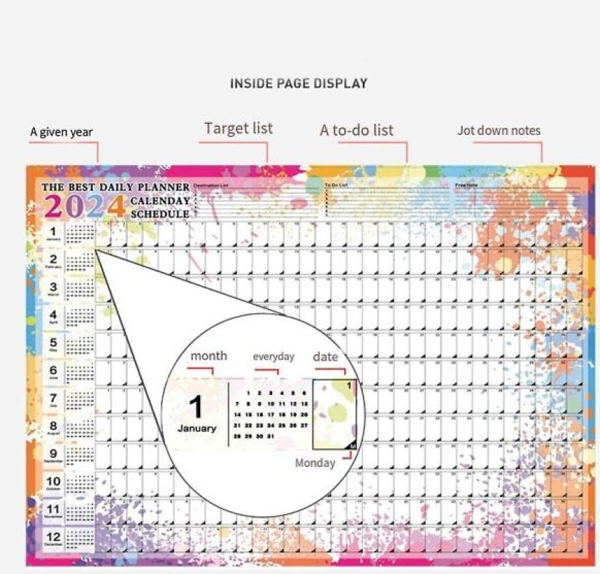 3 stk Kalender 2024 - Veggkalender 2024, 365 Dagers Posterkalender Sammenleggbar For Skole Hjem Kontor 29,2x20,7 tommer (FMY)