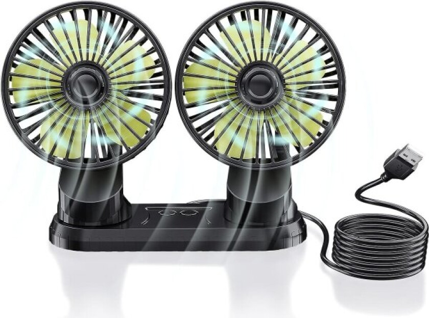 12v dobbelthodet bilvifte, bærbar USB-bilvifte, 360 graders rotasjon, bordvifte med 3 sterke vindhastigheter for bildashboard, hjem