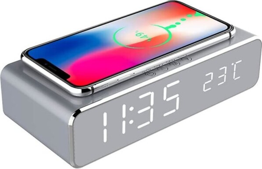 2-i-1 LED-vekkerklokke med Qi-lader og termometer for Iphone Xs Max, Xs, Xr, X, 8, 8 Plus, Samsung Galaxy S9, S9 Plus og alle Qi-enheter med Cha