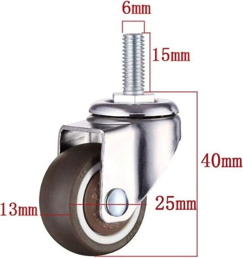 Sett med 4 svingbare møbelhjul - M6 X 15mm - Med 25mm gjenger - Myk gummi - Tpe-gjenger - Mini møbelhjul (25mm)
