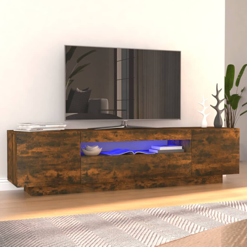 TV-benk med LED-lys røkt eik 160x35x40 cm