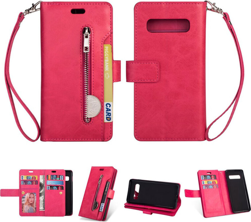 Galaxy s10 Plus Skinnetui Med Deksel Og Stropp - Knallrosa
