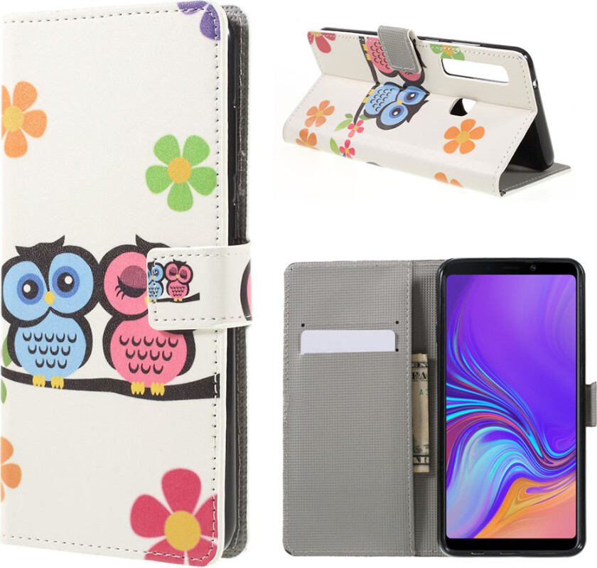 Galaxy A9 beskyttelses deksel av syntetisk skinn med printet mønster - ugler og hjerter