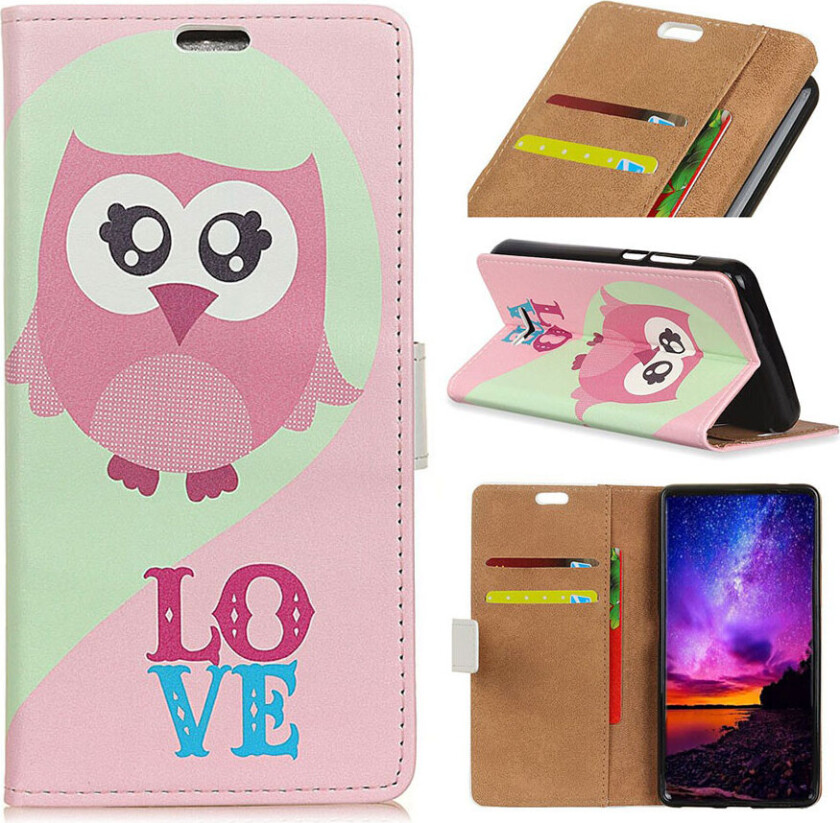 Galaxy A9 beskyttelses deksel av syntetisk skinn med printet mønster - LOVE mønster og rosa ugle