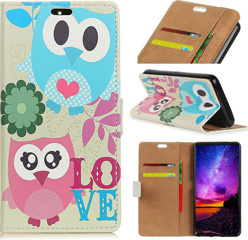 Galaxy A9 beskyttelses deksel av syntetisk skinn med printet mønster - søt ugle og LOVE mønster