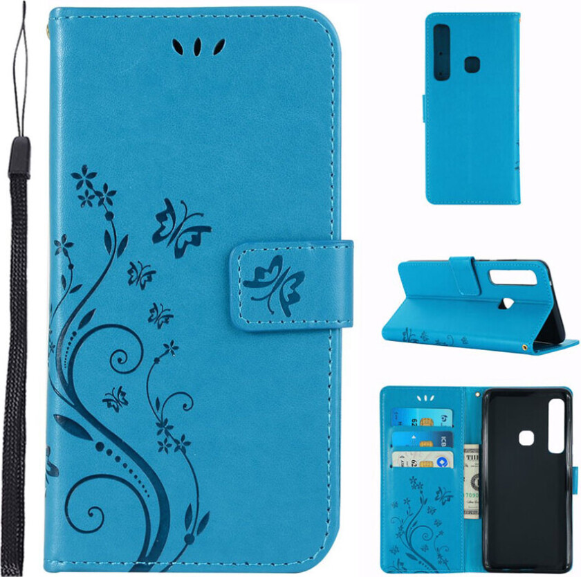 Galaxy A9 beskyttelses deksel av syntetisk skinn med sommerfugl og blomst avtrykk - blå