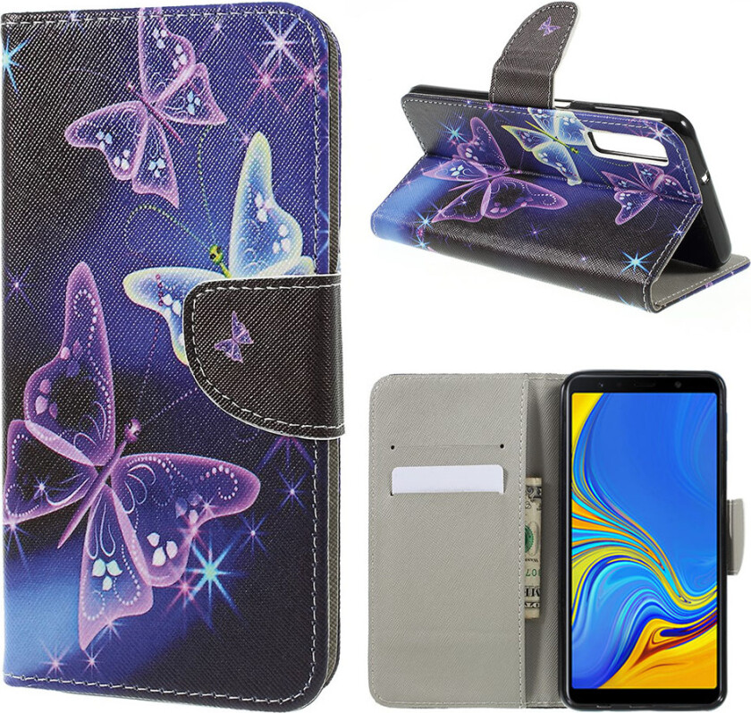Galaxy A7 beskyttelses deksel av syntetisk skinn med printet mønster og kryss tekstur - sommefugler mønster