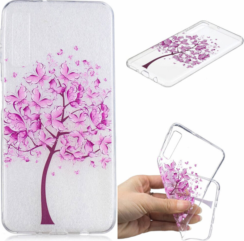 Galaxy A7 beskyttelses deksel av TPU med hevet printet mønster - rosa blomst tre