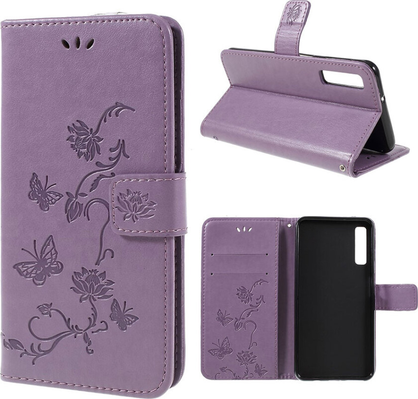 Galaxy A7 beskyttelses deksel av syntetisk skinn med sommerfugl og blomst avtrykk - lyse lilla