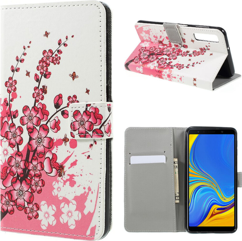 Galaxy A7 beskyttelses deksel av syntetisk skinn med printet mønster - fersken blomst