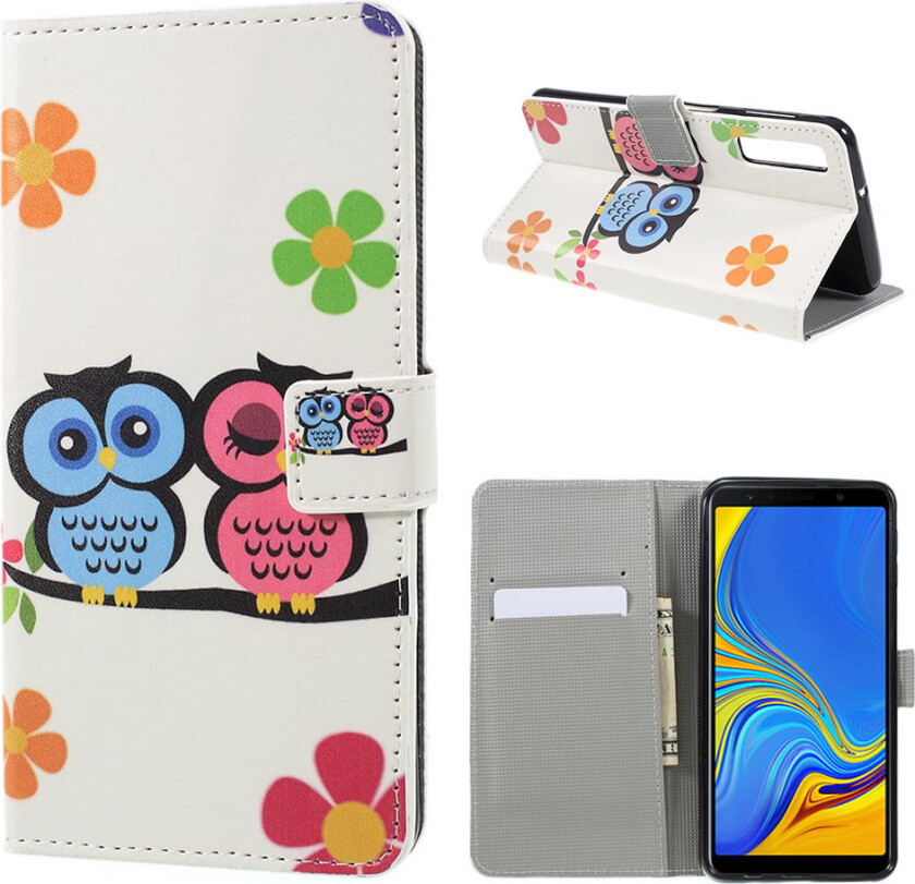 Galaxy A7 beskyttelses deksel av syntetisk skinn med printet mønster - ugle parr