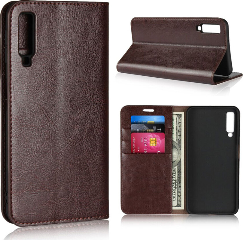 Galaxy A7 beskyttelses deksel av ekte skinn med vill hest tekstur - kaffe