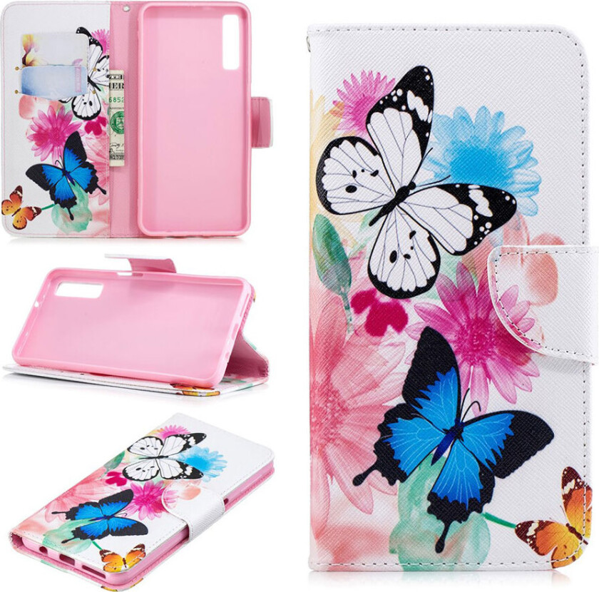 Galaxy A7 beskyttelses deksel av syntetisk skinn med printet mønster - sommerfugler og blomster