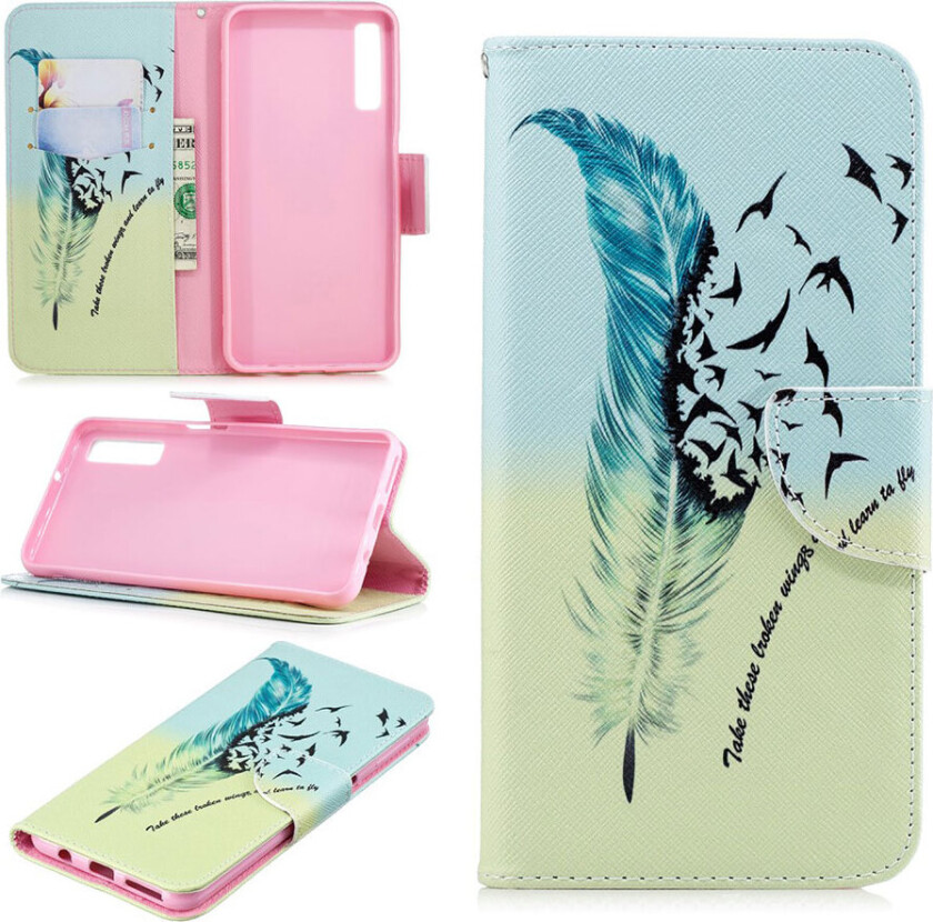 Galaxy A7 beskyttelses deksel av syntetisk skinn med printet mønster - fjær mønster